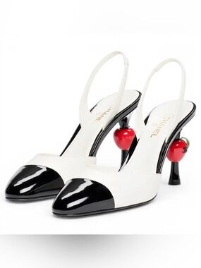 CHANEL White and Black Slingback Pumps with Red Cherry Heels